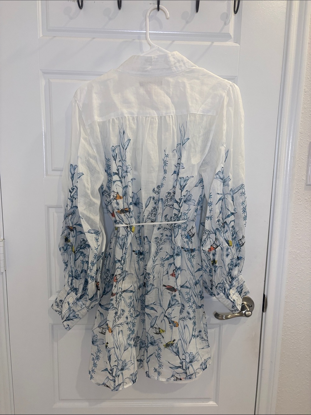 Banana Republic Floral Bird Print Ramie Blouse Tie Waist Sheer Lightweight XS - Picture 3 of 4